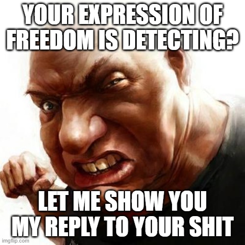 YOUR EXPRESSION OF FREEDOM IS DETECTING? LET ME SHOW YOU MY REPLY TO YOUR SHIT | image tagged in heavy metal | made w/ Imgflip meme maker