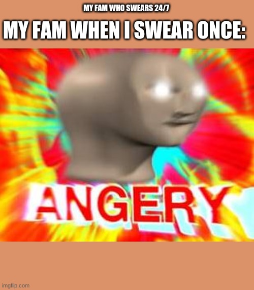 angery | MY FAM WHEN I SWEAR ONCE:; MY FAM WHO SWEARS 24/7 | image tagged in angery | made w/ Imgflip meme maker