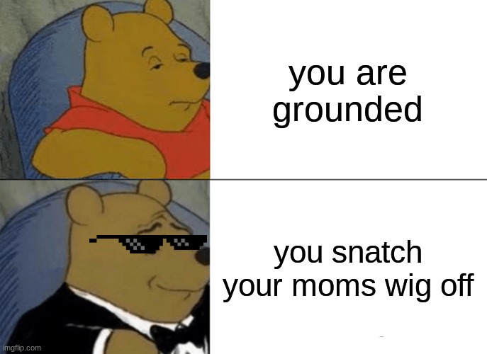 Tuxedo Winnie The Pooh Meme | you are grounded; you snatch your moms wig off | image tagged in memes,tuxedo winnie the pooh | made w/ Imgflip meme maker