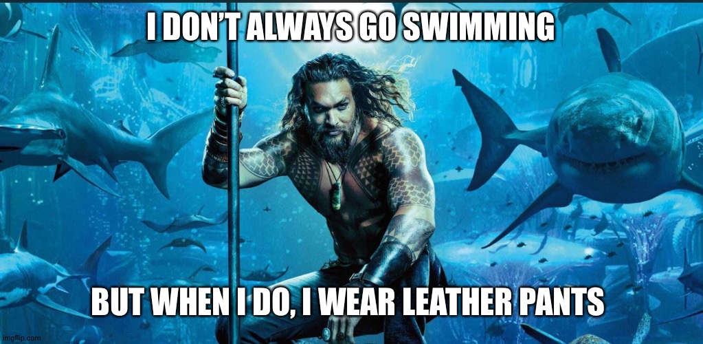 Wet Leather | I DON’T ALWAYS GO SWIMMING; BUT WHEN I DO, I WEAR LEATHER PANTS | image tagged in aquaman | made w/ Imgflip meme maker