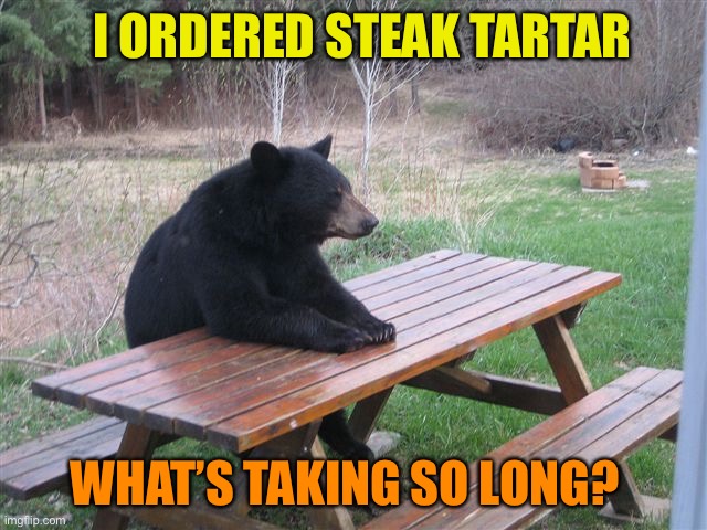 Patient Bear | WHAT’S TAKING SO LONG? I ORDERED STEAK TARTAR | image tagged in patient bear | made w/ Imgflip meme maker
