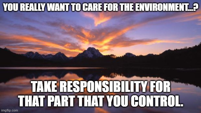 Mountain_sunset | YOU REALLY WANT TO CARE FOR THE ENVIRONMENT...? TAKE RESPONSIBILITY FOR THAT PART THAT YOU CONTROL. | image tagged in mountain_sunset | made w/ Imgflip meme maker