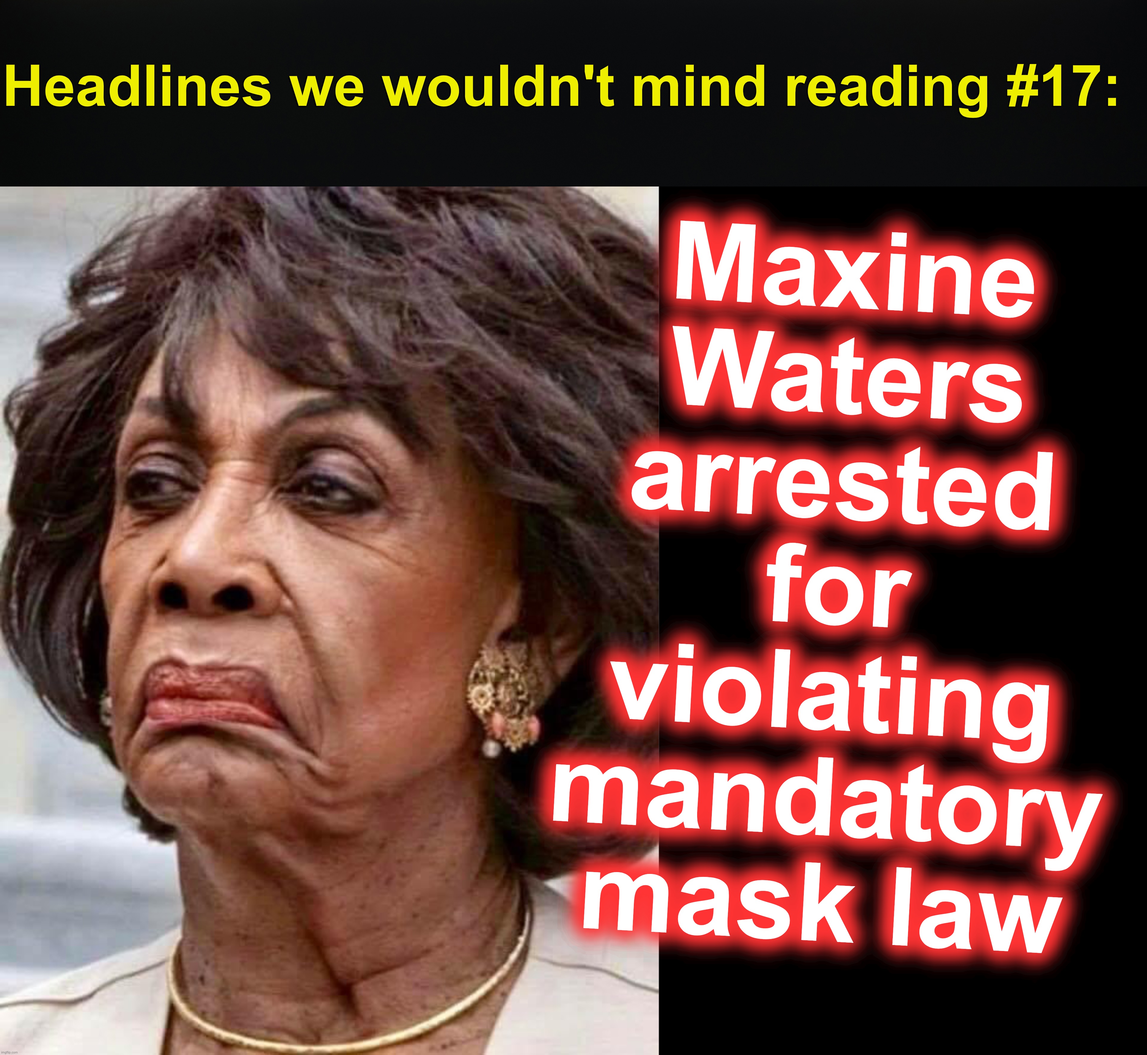 Maxine Waters arrested for violating mandatory mask law; Headlines we wouldn't mind reading #17: | image tagged in maxine waters,covid-19,coronavirus,corona | made w/ Imgflip meme maker