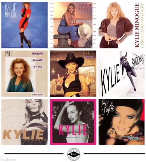 PWL (Kylie’s early years) singles cover art compilation. Some really good ones here. | image tagged in music,80s music,pop music,singer,album,single | made w/ Imgflip meme maker