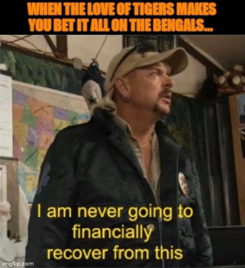 Tiger King Finances | WHEN THE LOVE OF TIGERS MAKES YOU BET IT ALL ON THE BENGALS... | image tagged in tiger king finances | made w/ Imgflip meme maker