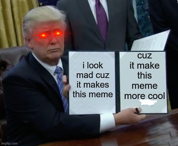 Trump Bill Signing | cuz it make this meme more cool; i look mad cuz it makes this meme | image tagged in memes,trump bill signing | made w/ Imgflip meme maker