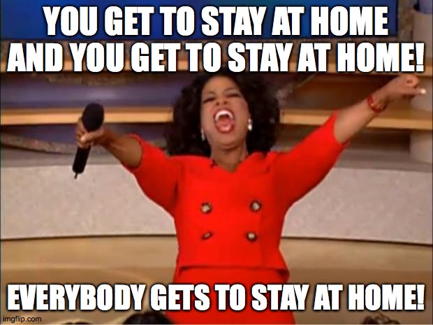 With Covid-19 going around, everybody gets to stay at home! | YOU GET TO STAY AT HOME AND YOU GET TO STAY AT HOME! EVERYBODY GETS TO STAY AT HOME! | image tagged in memes,oprah you get a,covid-19,stay at home | made w/ Imgflip meme maker