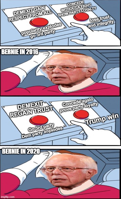Bernie Sanders poor choices will forever be a mystery to me. | CONCEDE WITHOUT A FIGHT. SHOW PARTY LOYALTY; DEMEXIT GAIN RESPECT FROM ALL; lose trust and integrity; popularity explodes
go 3rd party; BERNIE IN 2016; Concede again
prove party loyalty; DEMEXIT REGAIN TRUST; Trump win; Go 3rd party
Dem party implodes; BERNIE IN 2020 | image tagged in bernie sanders,bernie's poor choices,bernie party loyalist,bernie's tough decision,bernie sanders poor decision making,weak bern | made w/ Imgflip meme maker