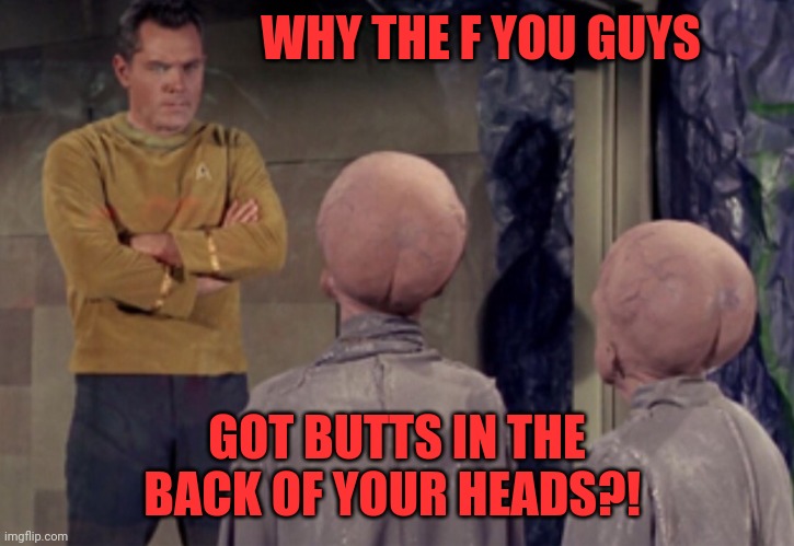 Star Trek Aliens | WHY THE F YOU GUYS; GOT BUTTS IN THE BACK OF YOUR HEADS?! | image tagged in star trek aliens | made w/ Imgflip meme maker