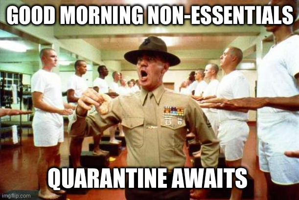 good morning | GOOD MORNING NON-ESSENTIALS; QUARANTINE AWAITS | image tagged in good morning | made w/ Imgflip meme maker
