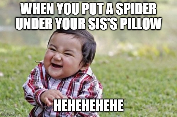 Evil Toddler Meme | WHEN YOU PUT A SPIDER UNDER YOUR SIS'S PILLOW; HEHEHEHEHE | image tagged in memes,evil toddler | made w/ Imgflip meme maker