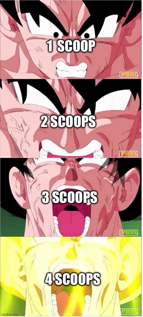 goku | 1  SCOOP; 2 SCOOPS; 3 SCOOPS; 4 SCOOPS | image tagged in goku | made w/ Imgflip meme maker