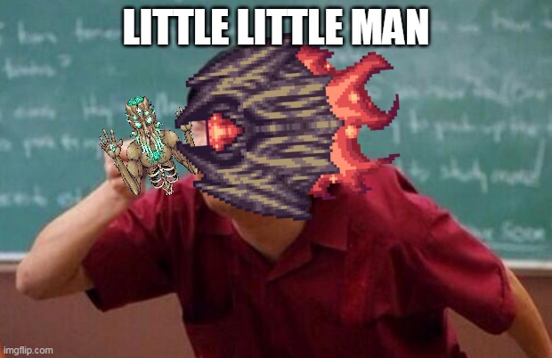 calamitas vs moon lord | LITTLE LITTLE MAN | image tagged in terraria | made w/ Imgflip meme maker