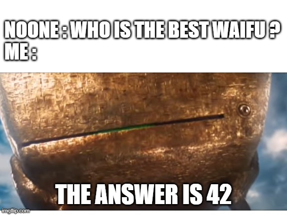 Hard question.... | NOONE : WHO IS THE BEST WAIFU ?
ME :; THE ANSWER IS 42 | image tagged in weebs,42 | made w/ Imgflip meme maker