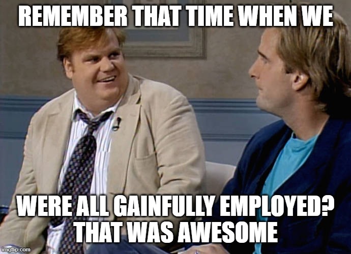 Chris Farley That Was Awesome | REMEMBER THAT TIME WHEN WE; WERE ALL GAINFULLY EMPLOYED?
THAT WAS AWESOME | image tagged in chris farley that was awesome | made w/ Imgflip meme maker