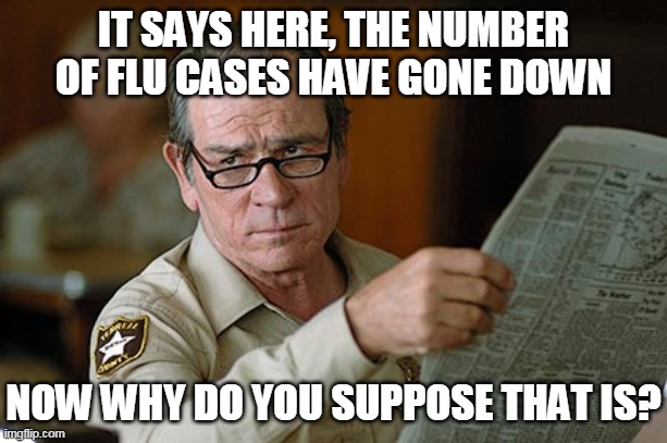 Tommy Lee Jones | IT SAYS HERE, THE NUMBER OF FLU CASES HAVE GONE DOWN; NOW WHY DO YOU SUPPOSE THAT IS? | image tagged in tommy lee jones | made w/ Imgflip meme maker
