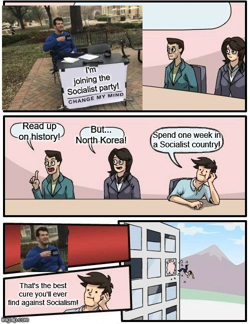 Give people what the ask for, then see if they like it! | I'm joining the Socialist party! But... North Korea! Read up on history! Spend one week in a Socialist country! That's the best cure you'll ever find against Socialism! | image tagged in memes,boardroom meeting suggestion,socialism | made w/ Imgflip meme maker