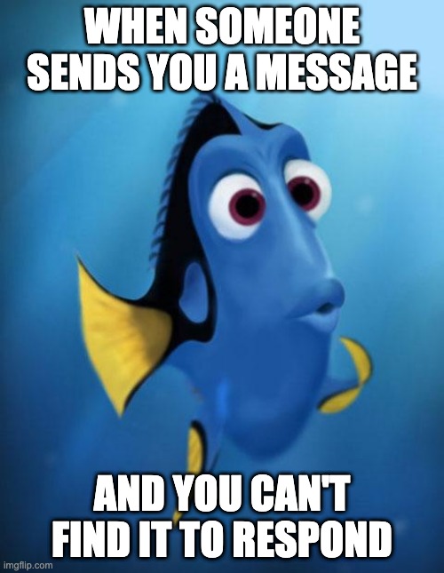 Dory | WHEN SOMEONE SENDS YOU A MESSAGE; AND YOU CAN'T FIND IT TO RESPOND | image tagged in dory | made w/ Imgflip meme maker