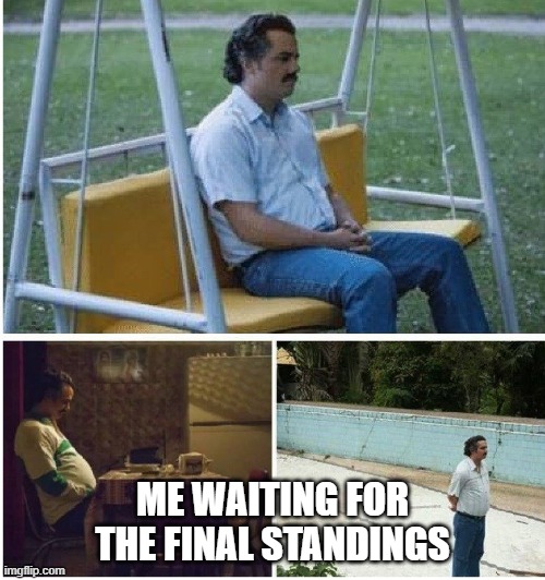Narcos waiting | ME WAITING FOR THE FINAL STANDINGS | image tagged in narcos waiting | made w/ Imgflip meme maker