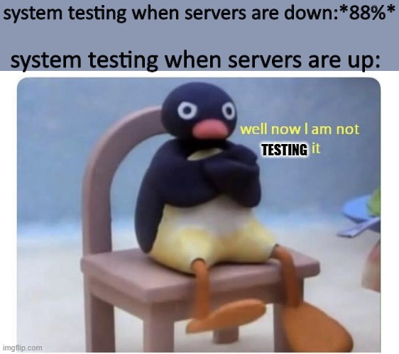 well now I am not doing it | system testing when servers are down:*88%*; system testing when servers are up:; TESTING | image tagged in well now i am not doing it | made w/ Imgflip meme maker