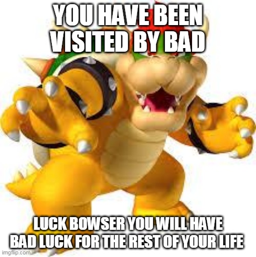 Bowser | YOU HAVE BEEN VISITED BY BAD; LUCK BOWSER YOU WILL HAVE BAD LUCK FOR THE REST OF YOUR LIFE | image tagged in bowser | made w/ Imgflip meme maker