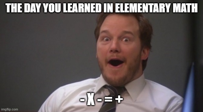 Chris Pratt Surprised | THE DAY YOU LEARNED IN ELEMENTARY MATH; - X - = + | image tagged in chris pratt surprised | made w/ Imgflip meme maker