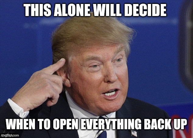 Ahahahahahahahahahhha | THIS ALONE WILL DECIDE; WHEN TO OPEN EVERYTHING BACK UP | image tagged in trump pointing to head | made w/ Imgflip meme maker