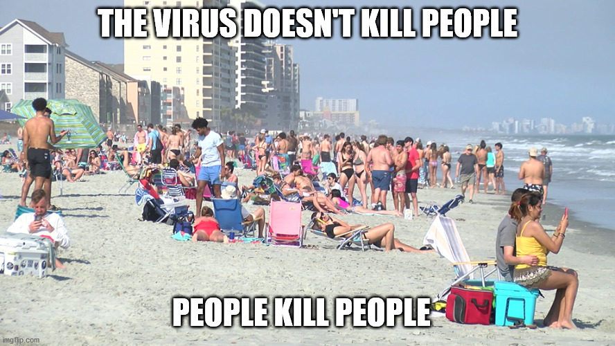 THE VIRUS DOESN'T KILL PEOPLE; PEOPLE KILL PEOPLE | image tagged in covid 19,social distancing | made w/ Imgflip meme maker