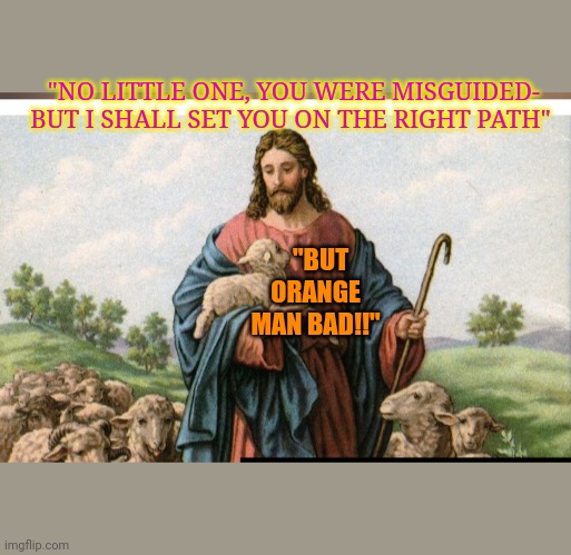 Jesus knows best | "NO LITTLE ONE, YOU WERE MISGUIDED- BUT I SHALL SET YOU ON THE RIGHT PATH"; "BUT ORANGE MAN BAD!!" | image tagged in mission accomplished,promises | made w/ Imgflip meme maker