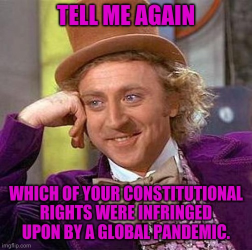 Creepy Condescending Wonka Meme | TELL ME AGAIN; WHICH OF YOUR CONSTITUTIONAL RIGHTS WERE INFRINGED UPON BY A GLOBAL PANDEMIC. | image tagged in memes,creepy condescending wonka | made w/ Imgflip meme maker