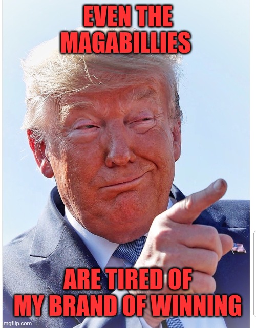 Trump pointing | EVEN THE MAGABILLIES; ARE TIRED OF MY BRAND OF WINNING | image tagged in trump pointing | made w/ Imgflip meme maker