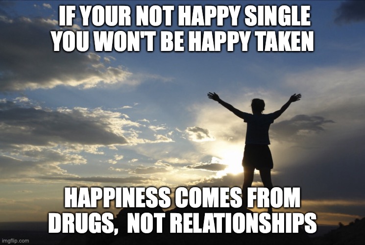 Inspirational  | IF YOUR NOT HAPPY SINGLE YOU WON'T BE HAPPY TAKEN; HAPPINESS COMES FROM DRUGS,  NOT RELATIONSHIPS | image tagged in inspirational | made w/ Imgflip meme maker