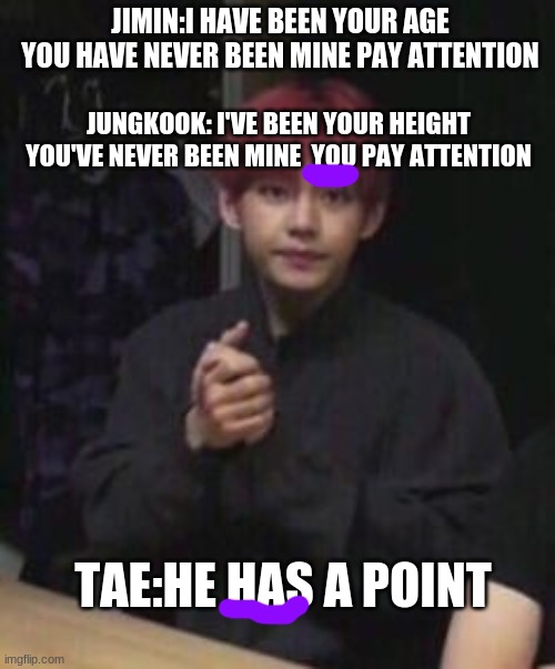 bts taehyung | JIMIN:I HAVE BEEN YOUR AGE YOU HAVE NEVER BEEN MINE PAY ATTENTION; JUNGKOOK: I'VE BEEN YOUR HEIGHT YOU'VE NEVER BEEN MINE  YOU PAY ATTENTION; TAE:HE HAS A POINT | image tagged in bts taehyung | made w/ Imgflip meme maker