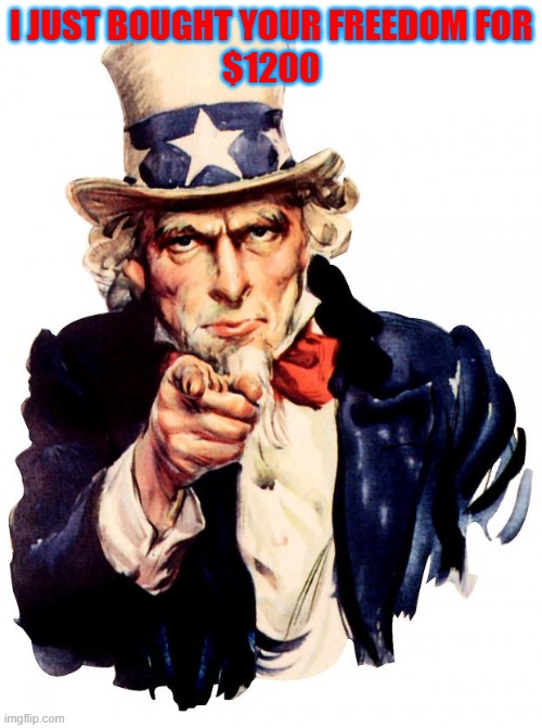 Uncle Sam Meme | I JUST BOUGHT YOUR FREEDOM FOR
$1200 | image tagged in memes,uncle sam | made w/ Imgflip meme maker
