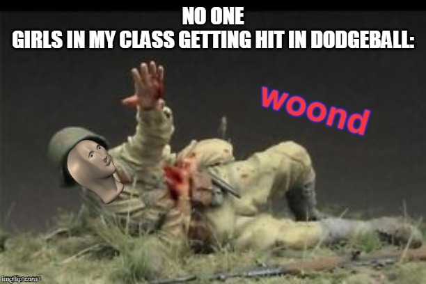 Meme Man Woond | NO ONE
GIRLS IN MY CLASS GETTING HIT IN DODGEBALL: | image tagged in meme man woond | made w/ Imgflip meme maker