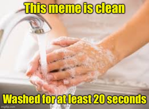 Clean_memes | This meme is clean; Washed for at least 20 seconds | image tagged in hand washing,covid-19,coronavirus,clean | made w/ Imgflip meme maker
