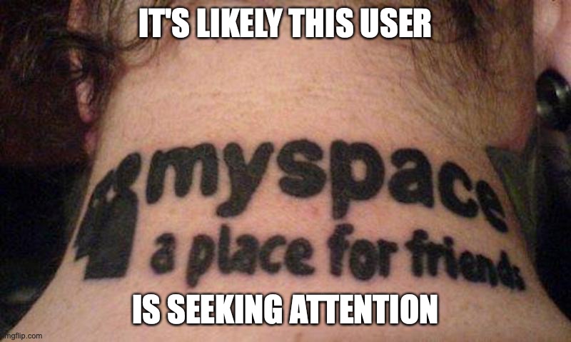 Myspace Tattoo | IT'S LIKELY THIS USER; IS SEEKING ATTENTION | image tagged in myspace,social media,tattoo,memes | made w/ Imgflip meme maker