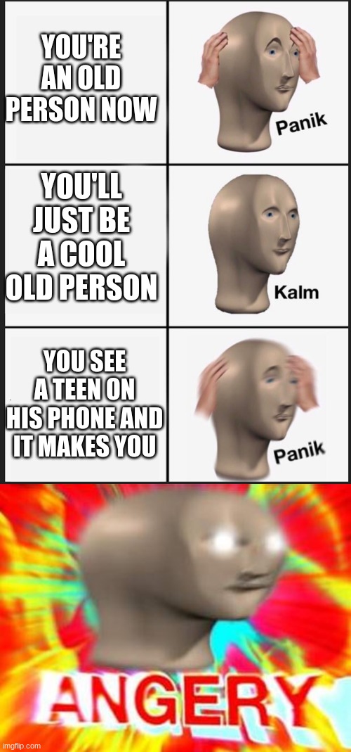 Boomers Be Like | YOU'RE AN OLD PERSON NOW; YOU'LL JUST BE A COOL OLD PERSON; YOU SEE A TEEN ON HIS PHONE AND IT MAKES YOU | image tagged in surreal angery,memes,panik kalm panik,boomers,boomer,meme man | made w/ Imgflip meme maker