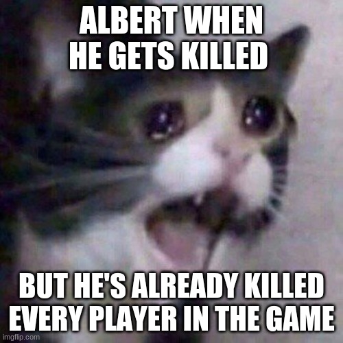 Screaming Cat meme | ALBERT WHEN HE GETS KILLED; BUT HE'S ALREADY KILLED EVERY PLAYER IN THE GAME | image tagged in screaming cat meme | made w/ Imgflip meme maker