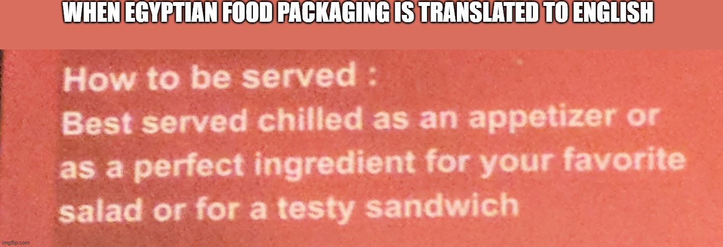 Translation | WHEN EGYPTIAN FOOD PACKAGING IS TRANSLATED TO ENGLISH | image tagged in translation | made w/ Imgflip meme maker