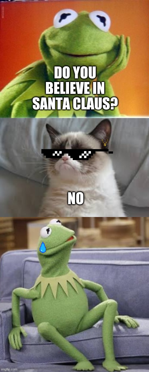 DO YOU BELIEVE IN SANTA CLAUS? NO | image tagged in kermit smiling,grumpy cat,surprised kermit the frog | made w/ Imgflip meme maker