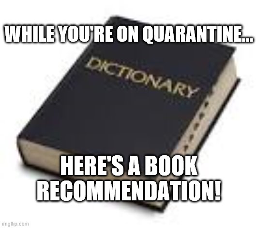 Dictionary. | WHILE YOU'RE ON QUARANTINE... HERE'S A BOOK RECOMMENDATION! | image tagged in dictionary | made w/ Imgflip meme maker