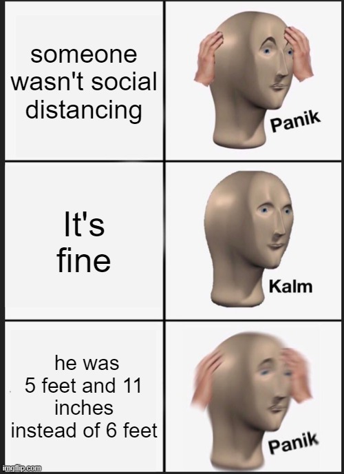 Panik Kalm Panik | someone wasn't social distancing; It's fine; he was 5 feet and 11 inches instead of 6 feet | image tagged in memes,panik kalm panik | made w/ Imgflip meme maker
