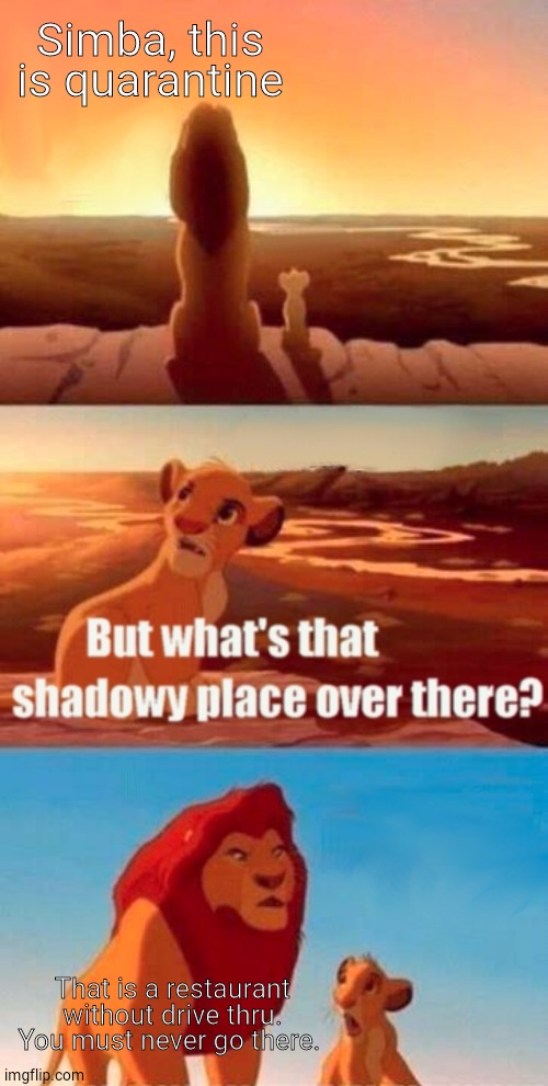 Stay inside folks | Simba, this is quarantine; That is a restaurant without drive thru. You must never go there. | image tagged in memes,simba shadowy place,coronavirus,quarantine | made w/ Imgflip meme maker