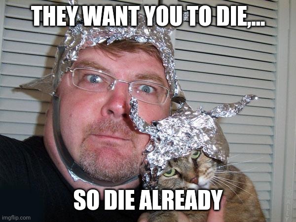 tin foil hat | THEY WANT YOU TO DIE,... SO DIE ALREADY | image tagged in tin foil hat | made w/ Imgflip meme maker