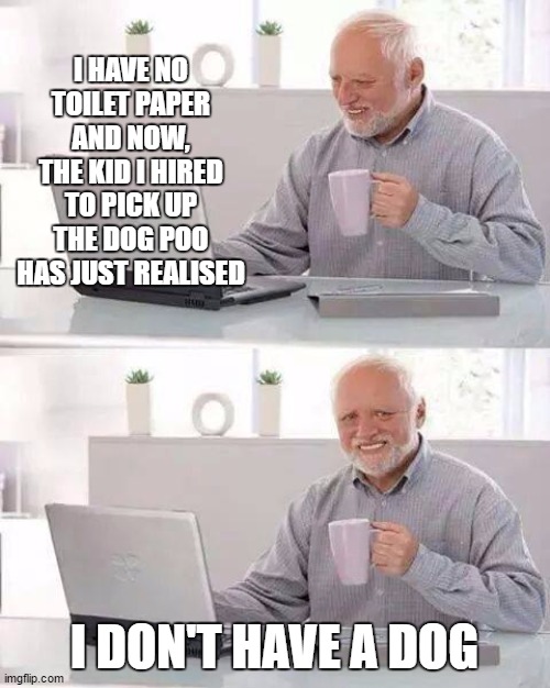 Hide the Pain Harold Meme | I HAVE NO TOILET PAPER AND NOW, THE KID I HIRED TO PICK UP THE DOG POO HAS JUST REALISED; I DON'T HAVE A DOG | image tagged in memes,hide the pain harold | made w/ Imgflip meme maker