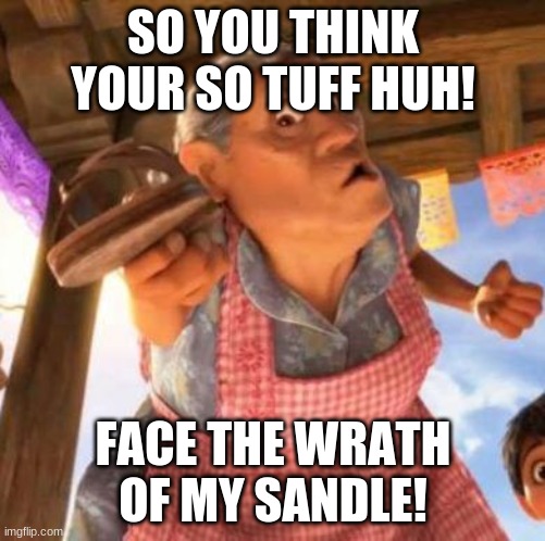 abuela elena coco | SO YOU THINK YOUR SO TUFF HUH! FACE THE WRATH OF MY SANDLE! | image tagged in abuela elena coco | made w/ Imgflip meme maker