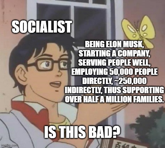 Is This A Pigeon Meme | SOCIALIST; BEING ELON MUSK, STARTING A COMPANY, SERVING PEOPLE WELL, EMPLOYING 50,000 PEOPLE DIRECTLY, ~250,000 INDIRECTLY, THUS SUPPORTING OVER HALF A MILLION FAMILIES. IS THIS BAD? | image tagged in memes,is this a pigeon | made w/ Imgflip meme maker