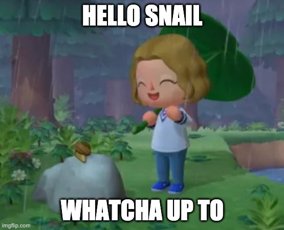 ACNH Commercial | HELLO SNAIL; WHATCHA UP TO | image tagged in acnh commercial | made w/ Imgflip meme maker