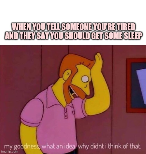 my goodness what an idea why didn't I think of that | WHEN YOU TELL SOMEONE YOU'RE TIRED AND THEY SAY YOU SHOULD GET SOME SLEEP | image tagged in my goodness what an idea why didn't i think of that | made w/ Imgflip meme maker